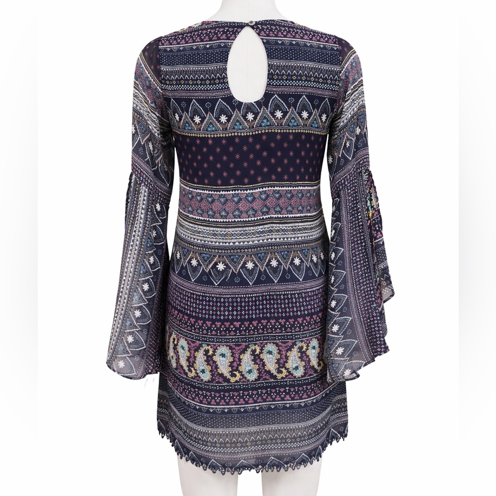 Dee Elle Navy Boho Print Dress | Bell Sleeve | Lace Hem Detail | Size S - Picture 3 of 7